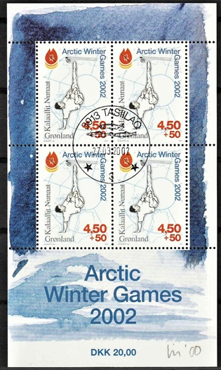 FRIMÆRKER GRØNLAND | 2001 - AFA 373 - Artic Winter Games 2002 - Miniark flerfarvet - Pænt stemplet